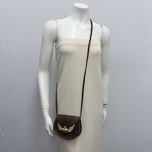 Vintage Ann Turk Leather Cross Body Shoulder Bag Purse Brown Gold Star & Wings